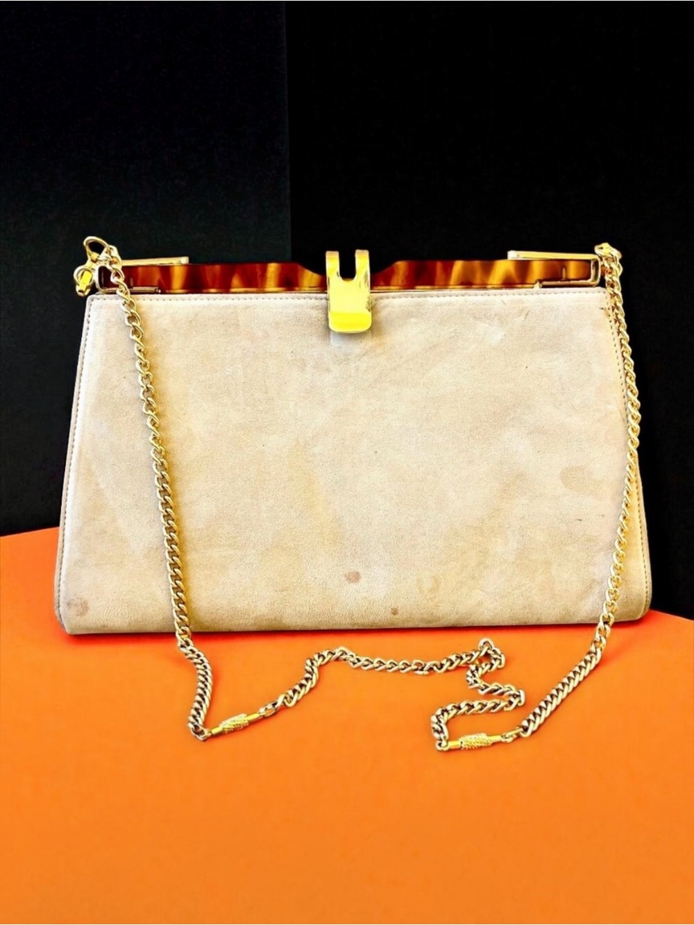 Vintage Suede Handbag Lucite Structured Chain Shoulder Strap